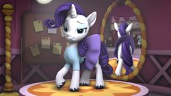 Size: 3840x2160 | Tagged: safe, artist:~stuffguy123, imported from derpibooru, part of a set, rarity, pony, unicorn, 3d, carousel boutique, clothes, dress, equestria girls outfit, horn, looking at you, mirror, pouting, pouty lips, source filmmaker, spotlight, unshorn fetlocks