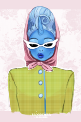 Size: 1997x3000 | Tagged: safe, artist:bloodymrr, imported from derpibooru, trixie, anthro, pony, unicorn, blazer, clothes, drag queen, glasses, headscarf, horn, lip gloss, makeup, scarf, simple background, solo, sunglasses