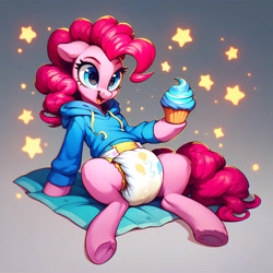 Size: 4096x4096 | Tagged: safe, imported from derpibooru, pinkie pie, earth pony, pony, ai content, ai generated, clothes, cupcake, diaper, diaper fetish, female, fetish, food, generator:pony diffusion v6 xl, generator:stable diffusion, hoodie, lying down, non-baby in diaper, poofy diaper, prompter:minty breeze, raised hoof, solo, wet diaper