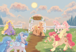 Size: 5238x3614 | Tagged: safe, artist:glorymoon, imported from derpibooru, applejack, boysenberry pie, strawberry surprise (g3), earth pony, pegasus, pony, g1, g3, g3 to g4, generation leap