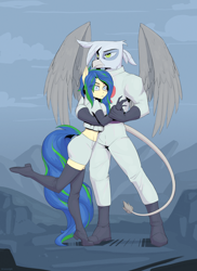 Size: 2908x4000 | Tagged: safe, artist:kirasunnight, imported from derpibooru, oc, oc only, anthro, griffon, clothes, crossover, gloves, holding, outfit, standing, wings