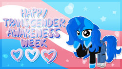 Size: 6400x3600 | Tagged: safe, artist:iamaveryrealperson, imported from derpibooru, oc, oc only, oc:"d", pony, unicorn, abstract background, banner, blue coat, blue mane, blue pony, brown eyes, clothes, denim, eyelashes, female, heart, hoodie, horn, jacket, jeans, leather, leather jacket, long hair, long mane, long tail, looking at you, mare, pants, pocket, pointing, pride, pride flag, shoes, smiling, solo, standing, tail, teeth, text, trans female, transgender, transgender oc, transgender pride flag, unicorn horn, unicorn oc, zipper