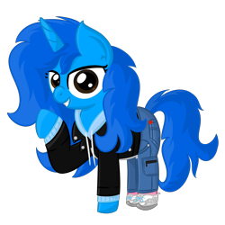 Size: 3840x3840 | Tagged: safe, artist:iamaveryrealperson, imported from derpibooru, oc, oc only, oc:"d", pony, unicorn, blue coat, blue mane, blue pony, brown eyes, clothes, denim, eyelashes, female, hoodie, horn, jacket, jeans, leather, leather jacket, long hair, long mane, long tail, looking at you, mare, pants, pocket, pointing, shoes, simple background, smiling, solo, standing, tail, teeth, trans female, transgender, transgender oc, transparent background, unicorn horn, unicorn oc, zipper