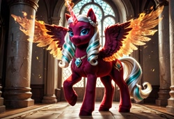 Size: 3072x2112 | Tagged: safe, imported from derpibooru, opaline arcana, alicorn, ai content, ai generated, detailed, fire, g5, generator:stable diffusion, horn, jewelry, necklace, prompter:kluknawa235, spread wings, wings