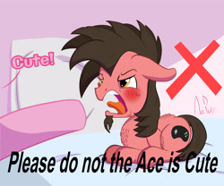 Size: 3000x2500 | Tagged: safe, artist:ace play, imported from derpibooru, pinkie pie, oc, oc:ace play, earth pony, pony, angry, behaving like a cat, blushing, cheek fluff, chest fluff, crossed out, facial hair, goatee, high res, hissing, lying down, male, meme, please do not the cat, pointing, ponified meme, ponyloaf, prone, solo focus, stallion, x