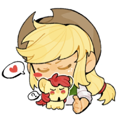 Size: 600x600 | Tagged: safe, artist:mememe, imported from derpibooru, apple bloom, applejack, earth pony, human, pony, equestria girls, apple sisters, blush sticker, blushing, chibi, eyes closed, female, filly, foal, freckles, full body, hat, open mouth, question mark, siblings, simple background, sisters, speech bubble, spoken heart, upper body, white background