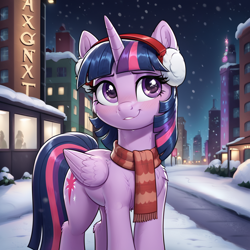 Size: 1024x1024 | Tagged: safe, imported from derpibooru, twilight sparkle, alicorn, ai content, ai generated, building, city, clothes, ear fluff, earmuffs, generator:pony diffusion v6 xl, generator:stable diffusion, outdoors, prompter:thelight3d, scarf, snow, tail, twilight sparkle (alicorn), winter