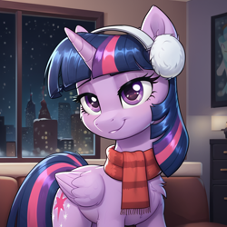 Size: 1024x1024 | Tagged: safe, imported from derpibooru, twilight sparkle, alicorn, ai content, ai generated, chest fluff, city, clothes, ear fluff, earmuffs, generator:pony diffusion v6 xl, generator:stable diffusion, indoors, prompter:thelight3d, scarf, smiling, snow, snowfall, sofa bed, twilight sparkle (alicorn)