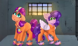 Size: 2048x1211 | Tagged: safe, artist:gusty8787, imported from derpibooru, pipp petals, sunny starscout, bound wings, chained, chains, clothes, commissioner:rainbowdash69, g5, jail, jail cell, never doubt rainbowdash69's involvement, prison, prison cell, prison outfit, prisoner, prisoner pipp, prisoner ss, shackles, wings