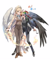 Size: 3543x4252 | Tagged: safe, artist:卯卯七, imported from derpibooru, applejack, rainbow dash, dog, human, apple core, appledash, bowtie, clothes, duo, ear piercing, earring, female, good omens, humanized, jewelry, lesbian, magic, piercing, shipping, simple background, slit pupils, suit, sunglasses, sword, weapon, white background, winged humanization, wings