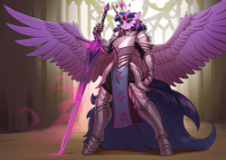 Size: 1200x848 | Tagged: safe, artist:chrysalisdraws, imported from derpibooru, twilight sparkle, alicorn, anthro, unguligrade anthro, armor, sword, twilight sparkle (alicorn), weapon