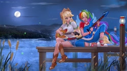 Size: 3543x1974 | Tagged: safe, artist:卯卯七, imported from derpibooru, applejack, rainbow dash, human, appledash, cattails, duo, eared humanization, electric guitar, female, full moon, guitar, humanized, lake, lesbian, moon, musical instrument, night, pier, playing instrument, reeds, shipping, sitting, water, winged humanization, wings