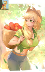 Size: 1053x1686 | Tagged: safe, artist:卯卯七, imported from derpibooru, applejack, anthro, earth pony, pony, apple, basket, breasts, cleavage, female, food, scene interpretation, solo, tired