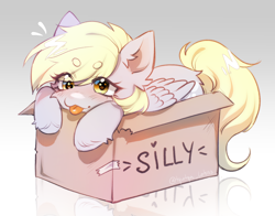 Size: 3768x2952 | Tagged: safe, artist:tyutya, imported from derpibooru, derpy hooves, pegasus, pony, :p, box, pony in a box, reflection, solo, tongue out