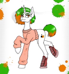 Size: 788x844 | Tagged: safe, alternate version, artist:jehr, imported from derpibooru, oc, oc only, pony, unicorn, bobcut, boots, cigarette, cigarette smoke, clothes, eyelashes, green hair, horn, long ears, long horn, long legs, long neck, paint stains, raised hoof, shoes, short hair, short tail, simple background, smiling, smoke, smoking, solo, sweater, tail, trade, walking, white background, white body