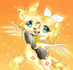 Size: 1760x1689 | Tagged: safe, artist:doodlesinky, imported from derpibooru, pegasus, pony, abstract background, hug, idol, kagamine len, kagamine rin, ponified, siblings, twins, vocaloid, yellow