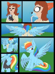 Size: 960x1280 | Tagged: safe, artist:detectivecoon, imported from derpibooru, rainbow dash, pegasus, pony, bubble tea, clothes, drink, drinking, furry, furry to pony, grin, sitting, smiling, smirk, spread wings, straw, torn clothes, transformation, transformation sequence, wings