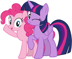 Size: 749x612 | Tagged: safe, artist:zslnews, imported from derpibooru, pinkie pie, twilight sparkle, alicorn, earth pony, pony, cute, diapinkes, duo, duo female, female, looking at you, one eye closed, open mouth, raised hoof, simple background, transparent background, twiabetes, twilight sparkle (alicorn), vector, wink, winking at you