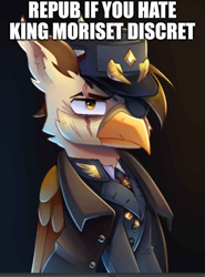 Size: 1024x1387 | Tagged: safe, artist:opal_radiance, edit, imported from derpibooru, oc, oc only, oc:darien platecrête, griffon, equestria at war mod, clothes, eyepatch, gradient background, griffon oc, meme, scar, uniform