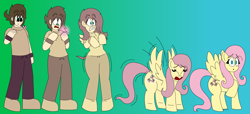 Size: 4160x1904 | Tagged: dead source, safe, artist:bersie1119, imported from derpibooru, fluttershy, human, pegasus, pony, female, gradient background, high res, human to pony, jewelry, magic, male, no pupils, pendant, raised hoof, spread wings, transformation, transformation sequence, transgender transformation, wings