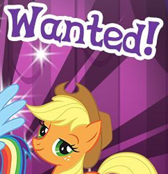 Size: 254x262 | Tagged: safe, imported from derpibooru, applejack, rainbow dash, earth pony, pegasus, pony, applejack's hat, cowboy hat, cropped, english, female, gameloft, hat, looking at you, mare, meme, solo focus, text, wanted, wings, wow! glimmer