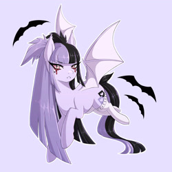 Size: 2048x2048 | Tagged: safe, artist:fluffymaiden, imported from derpibooru, oc, oc only, bat pony, pony, bat pony oc, bat wings, clothes, fangs, long hair, makeup, simple background, socks, solo, stockings, straight hair, thigh highs, wings