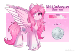 Size: 6000x4147 | Tagged: safe, artist:madelinne, imported from derpibooru, oc, oc:midnight snowpaw, pegasus, commission, cutie mark, female, long hair, mare, pegasus oc, pink body, pink eyes, pink mane, reference sheet, solo, wings