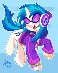 Size: 1638x2048 | Tagged: safe, artist:erieillustrates, imported from derpibooru, dj pon-3, vinyl scratch, pony, unicorn, clothes, female, horn, mare, open mouth, open smile, smiling, solo