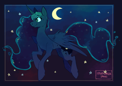 Size: 1503x1058 | Tagged: safe, artist:spookydragondraws, imported from derpibooru, princess luna, alicorn, pony, crescent moon, female, mare, moon, night, passepartout, profile, smiling, solo, stars