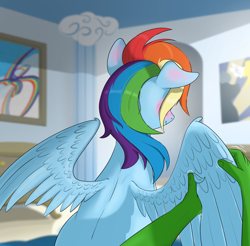 Size: 2520x2480 | Tagged: safe, artist:eels, imported from derpibooru, rainbow dash, oc, oc:anon, human, pegasus, pony, female, grooming, human and pony, mare, preening, wing massage, wings