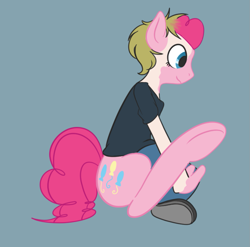 Size: 1215x1199 | Tagged: safe, artist:ashburncat, imported from derpibooru, pinkie pie, earth pony, human, pony, clothes, human to pony, profile, simple background, sitting, solo, transformation