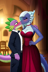 Size: 512x768 | Tagged: safe, imported from derpibooru, prompter:genderface, limestone pie, spike, anthro, dragon, earth pony, age difference, ai content, ai generated, big breasts, blushing, breasts, busty limestone pie, clothes, dress, duo, duo male and female, female, generator:novelai, generator:stable diffusion, indoors, kissing, lowres, male, shipping, spikestone, straight