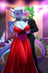 Size: 512x768 | Tagged: safe, imported from derpibooru, prompter:genderface, limestone pie, spike, anthro, dragon, earth pony, age difference, ai content, ai generated, big breasts, blushing, breasts, busty limestone pie, clothes, dress, duo, duo male and female, female, generator:novelai, generator:stable diffusion, indoors, kissing, lowres, male, shipping, spikestone, straight