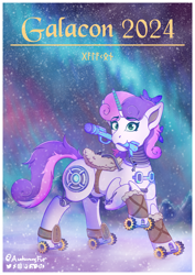 Size: 2024x2862 | Tagged: safe, alternate version, artist:autumnsfur, imported from derpibooru, sweetie belle, oc, oc only, oc:sweetie bot 2560, pony, robot, robot pony, unicorn, accessory, auction, aurora borealis, broken, bubble gun, clothes, commission, detailed background, female, full body, galacon, galacon 2024, green eyes, horn, led, mare, mountain, night, night sky, outdoors, pink mane, poster, purple mane, raised hoof, sky, snow, solo, stars, sweetie bot, tail, viking, wheel, white coat, wires