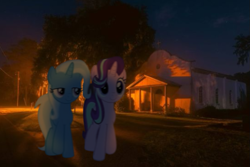 Size: 735x490 | Tagged: safe, imported from derpibooru, starlight glimmer, trixie, irl, night, outdoors, photo, walking