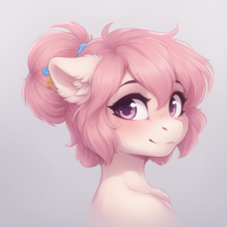 Size: 1072x1072 | Tagged: safe, imported from derpibooru, oc, oc only, earth pony, pony, semi-anthro, adorable face, ai content, ai generated, blushing, bust, chest fluff, cute, daaaaaaaaaaaw, ear fluff, female, fluffy, generator:bluefox mix, generator:stable diffusion, happy, looking at you, mare, pink eyes, pink fur, pink mane, portrait, prompter:adorablebluefox, smiling, smiling at you, solo, weapons-grade cute