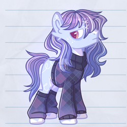 Size: 2048x2048 | Tagged: safe, artist:1mangosta1, imported from derpibooru, oc, oc only, oc:terysha, earth pony, pony, androgynous, blue, clothed ponies, clothes, long hair, male, orange eyes, reference, serious, serious face, show accurate, side eye, solo, stallion, stallion oc, striped background, toyhouse watermark, watermark