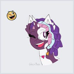 Size: 2048x2048 | Tagged: safe, artist:glaceplatz, imported from derpibooru, pony, unicorn, bust, dreadlocks, emotion, female, filly, foal, g5, horn, jewelry, necklace, one eye closed, open mouth, open smile, portrait, signature, simple background, smiling, solo, violette rainbow, vitiligo, white background, wink