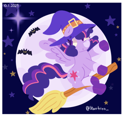 Size: 1600x1500 | Tagged: safe, artist:aurora_gl1mmer, imported from derpibooru, twilight sparkle, broom, clothes, costume, halloween, halloween costume, hat, holiday, screenshot redraw, witch hat