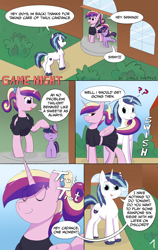 Size: 2400x3800 | Tagged: safe, artist:single purpose, imported from derpibooru, princess cadance, shining armor, twilight sparkle, unicorn, comic:game night, bow, comic, eyes closed, female, filly, filly twilight sparkle, foal, horn, seduction, tail, tail seduce, teen princess cadance, younger