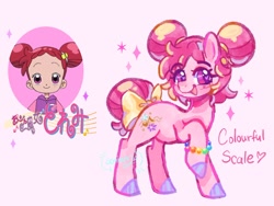 Size: 2048x1536 | Tagged: safe, artist:sonira24, imported from derpibooru, earth pony, pony, :d, anime, bead bracelet, blushing, bow, doremi harukaze, double buns, female, filly, foal, full body, heart, heart eyes, ojamajo doremi, open mouth, open smile, pink background, ponified, raised hoof, reference used, simple background, smiling, solo, sparkles, tail, tail bow, text, wingding eyes