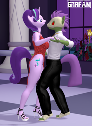 Size: 1585x2160 | Tagged: safe, artist:gradiusfanatic, imported from derpibooru, starlight glimmer, oc, oc:shuffle, anthro, earth pony, unicorn, 3d, dancing, earth pony oc, female, horn, male, side slit, source filmmaker, total sideslit, tribal pony