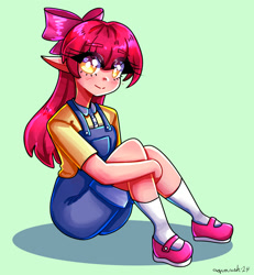 Size: 1851x2000 | Tagged: safe, artist:aquaarts, imported from derpibooru, apple bloom, human, bow, clothes, elf ears, green background, hair bow, humanized, looking at you, overalls, shadow, shoes, short sleeves, simple background, sitting, smiling, smiling at you, socks, solo