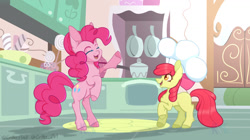 Size: 1160x648 | Tagged: safe, artist:critterflash, imported from derpibooru, apple bloom, pinkie pie, earth pony, pony, :d, bipedal, bow, chef's hat, eyes closed, female, filly, foal, full body, hair bow, hat, kitchen, mare, open mouth, open smile, raised hoof, smiling, text