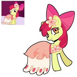 Size: 2000x2000 | Tagged: safe, artist:ponemeu88, imported from derpibooru, apple bloom, earth pony, pony, adorabloom, bow, clothes, cute, dress, female, filly, flower, flower in hair, foal, full body, grin, hair bow, looking at you, reference used, simple background, smiling, solo, white background