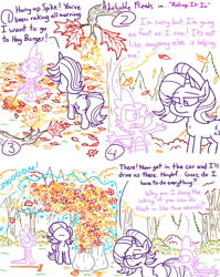 Size: 4779x6013 | Tagged: safe, artist:adorkabletwilightandfriends, imported from derpibooru, spike, starlight glimmer, comic:adorkable twilight and friends, adorkable, adorkable friends, angry, autumn, autumn leaves, blurry, blurry background, butt, colorful, comic, cute, dork, falling leaves, forest, glimmer glutes, high angle, leaf, leaves, nature, outdoors, perspective, plot, rake, raking, sad, scenery, slice of life, teasing, tree, upset