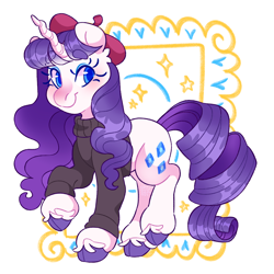 Size: 2048x2045 | Tagged: safe, artist:cocopudu, imported from derpibooru, rarity, pony, unicorn, alternate hairstyle, bangs, beatnik rarity, beret, blue eyelashes, blue eyeshadow, blue pupils, clothes, cloven hooves, colored eyebrows, colored eyelashes, colored hooves, colored pupils, eyebrows, eyebrows visible through hair, eyeshadow, female, gradient mane, gradient tail, hat, head fluff, high res, hooves, horn, long mane, looking back, makeup, mare, nose blush, purple hooves, raised hoof, raised leg, ringlets, shiny mane, shiny tail, smiling, solo, standing on two hooves, sweater, tail, three quarter view, turtleneck, turtleneck sweater, twisted horn, unshorn fetlocks, watermark