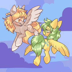 Size: 3000x3000 | Tagged: safe, artist:pastacrylic, imported from derpibooru, derpy hooves, sunshower raindrops, pegasus, pony, alternate design, background pony, chest fluff, colored fetlocks, colored wings, ear fluff, female, flying, frown, lidded eyes, mare, sky, smiling, smirk, spread wings, two toned wings, wings