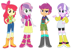 Size: 1632x1073 | Tagged: safe, artist:masem, artist:sketchmcreations, artist:starryshineviolet, editor:jbrony, imported from derpibooru, apple bloom, diamond tiara, scootaloo, sweetie belle, human, best in show: the pre-show, equestria girls, spoiler:eqg series (season 2), 2014, belt, boots, bow, clothes, cute, diasweetes, dragon tales, dreamworks face, ear piercing, earring, eqg promo pose set, eyebrows, female, hair bow, hand on hip, high heel boots, hoodie, jacket, jewelry, looking at you, modesty, my little pony equestria girls: better together, my little pony equestria girls: rainbow rocks, necklace, pants, piercing, raised eyebrow, shirt, shoes, short pants, shorts, simple background, smiling, smiling at you, smirk, standing, t-shirt, transparent background, vector