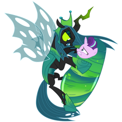 Size: 894x894 | Tagged: artist needed, source needed, safe, imported from derpibooru, queen chrysalis, starlight glimmer, changeling, changeling queen, pony, unicorn, the ending of the end, carrying, cocoon, duo, duo female, female, flying, horn, my little pony, simple background, transparent background, trapped, ultimate chrysalis